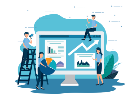 Build quickly – Illustration of people working with chart and graph elements around a giant screen.