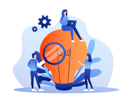 FormBuilder Webinar – Illustration people sitting around and/or sitting on a giant light bulb.