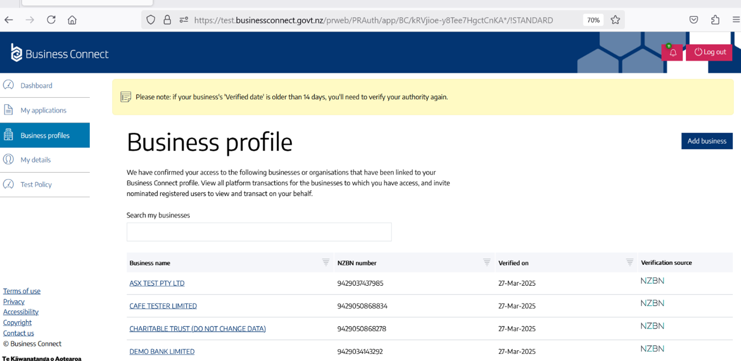 Screenshot of Business profile. A full description of the content in this image can be found below.